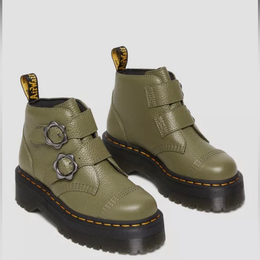 Dr. Martens Devon Flower Buckle Boots Khaki Green Platform Boots